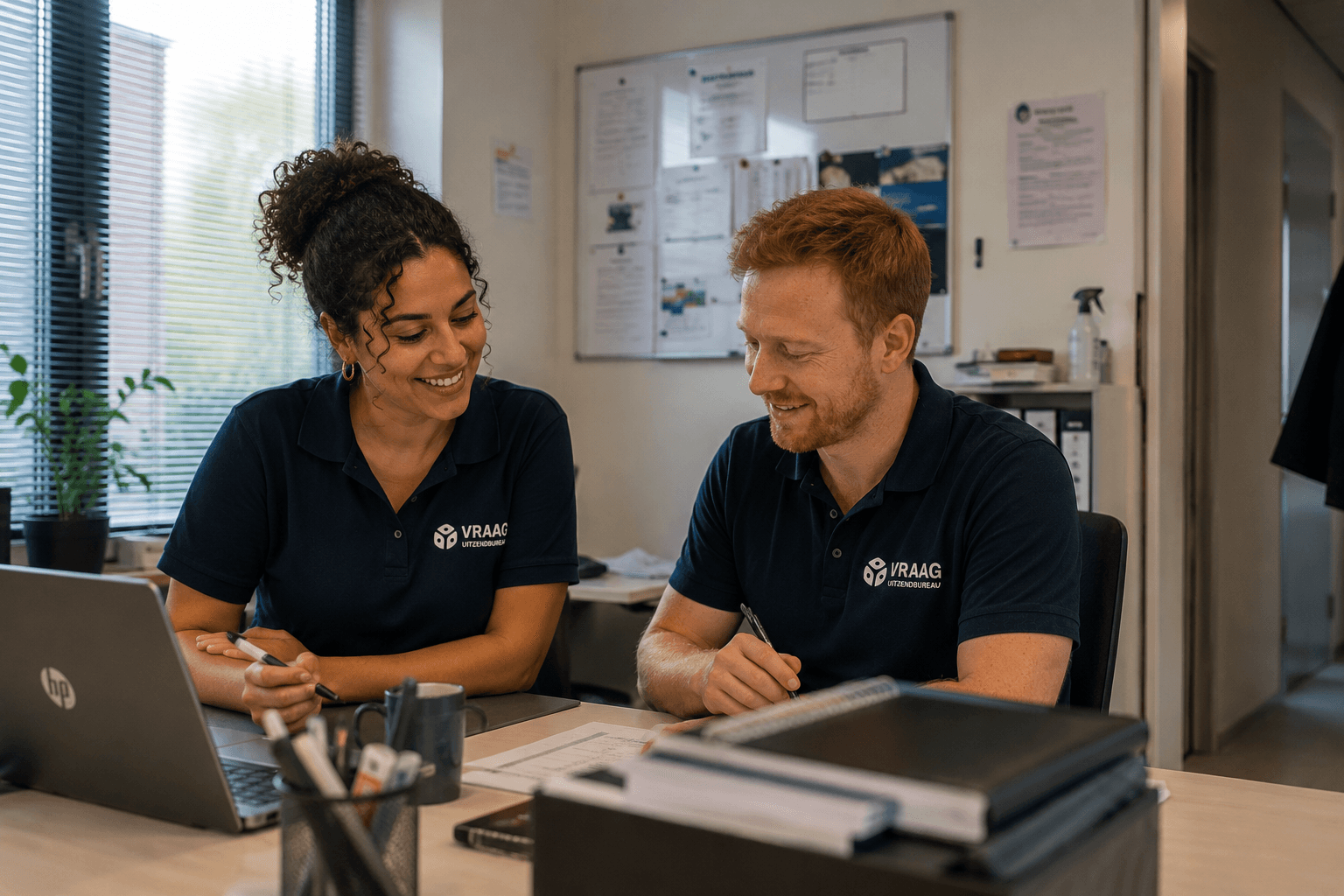 Twee recruiters van Vraag Uitzendbureau in overleg achter een laptop.