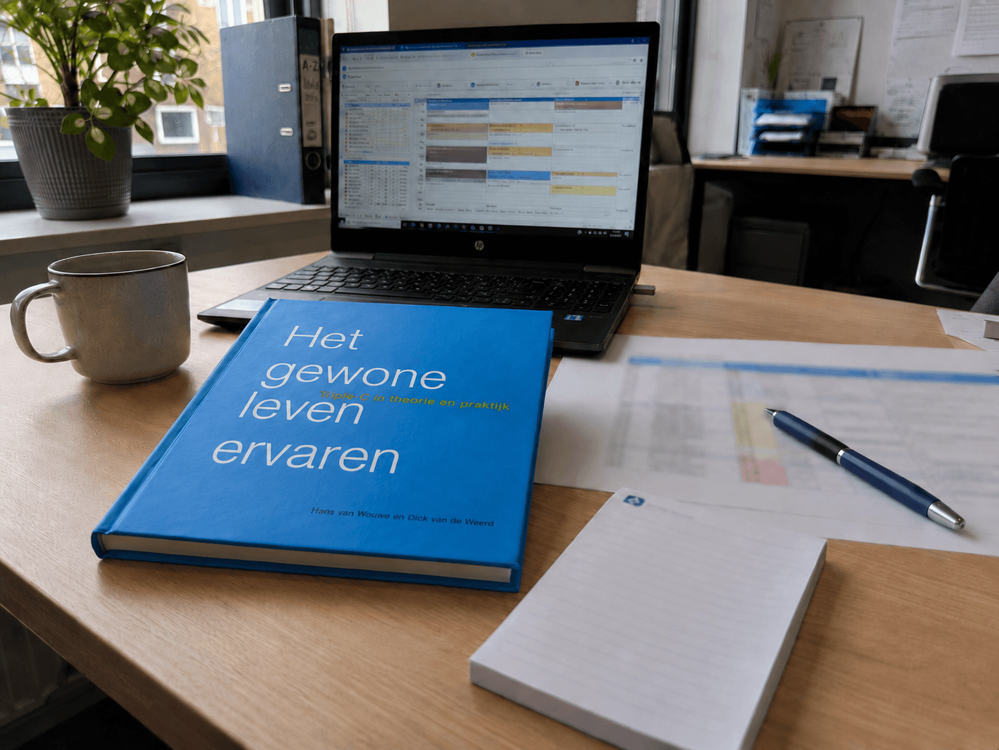 Boek 'Het gewone leven ervaren' over de Triple-C-methodiek op een bureau, het kader waarin onze professionals worden bijgeschoold.