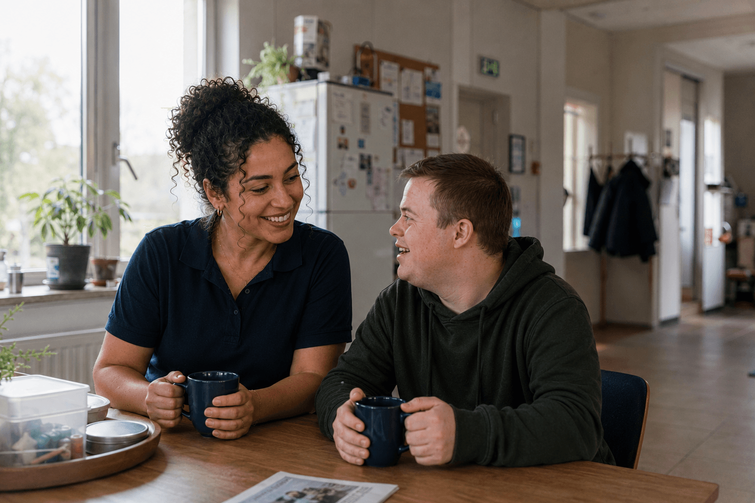 Begeleider en cliënt aan tafel met koffie, ontspannen contact.